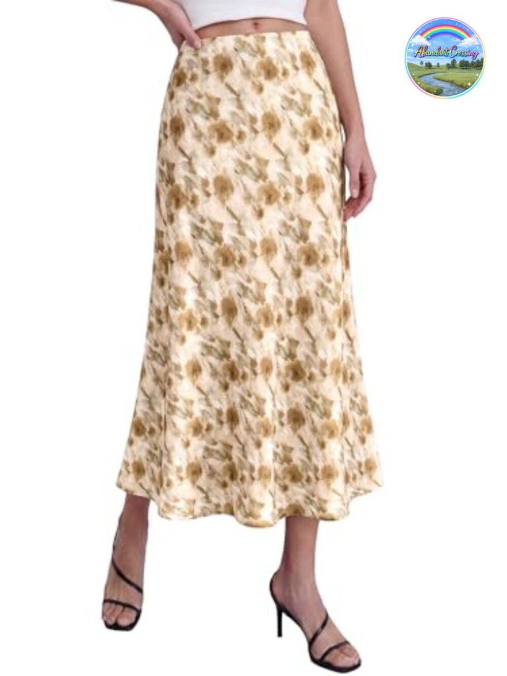 Satin Midi Skirt A-Line High Waisted Elastic Waist Floral Print